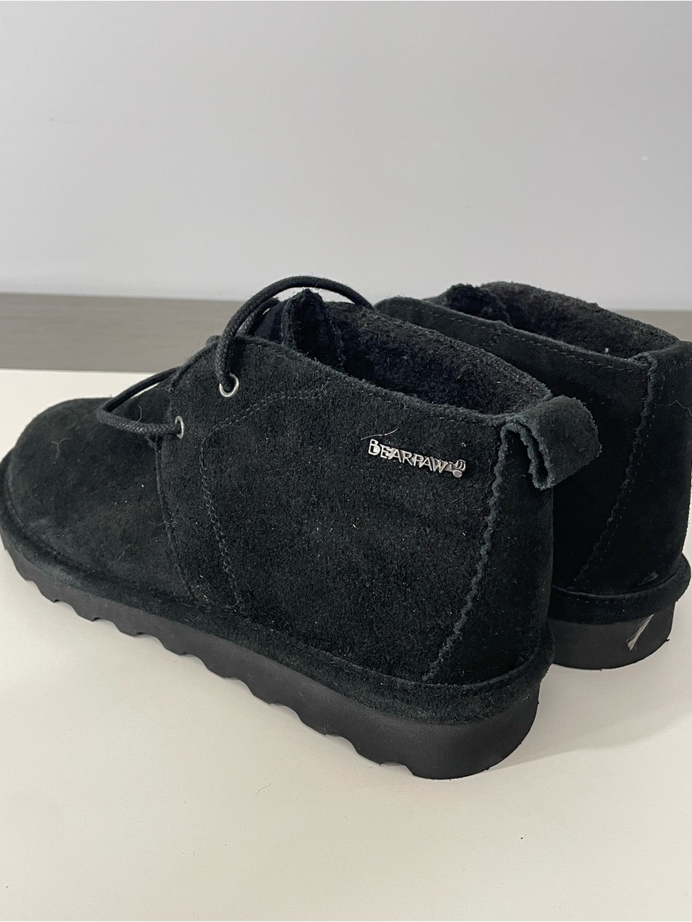 BearPaw woman’s Black Suede Chukka Boots with Fleece Lining